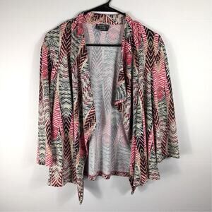 Southern Lady L Open Front Cardigan Pink Black Geometric Print Lightweight Top